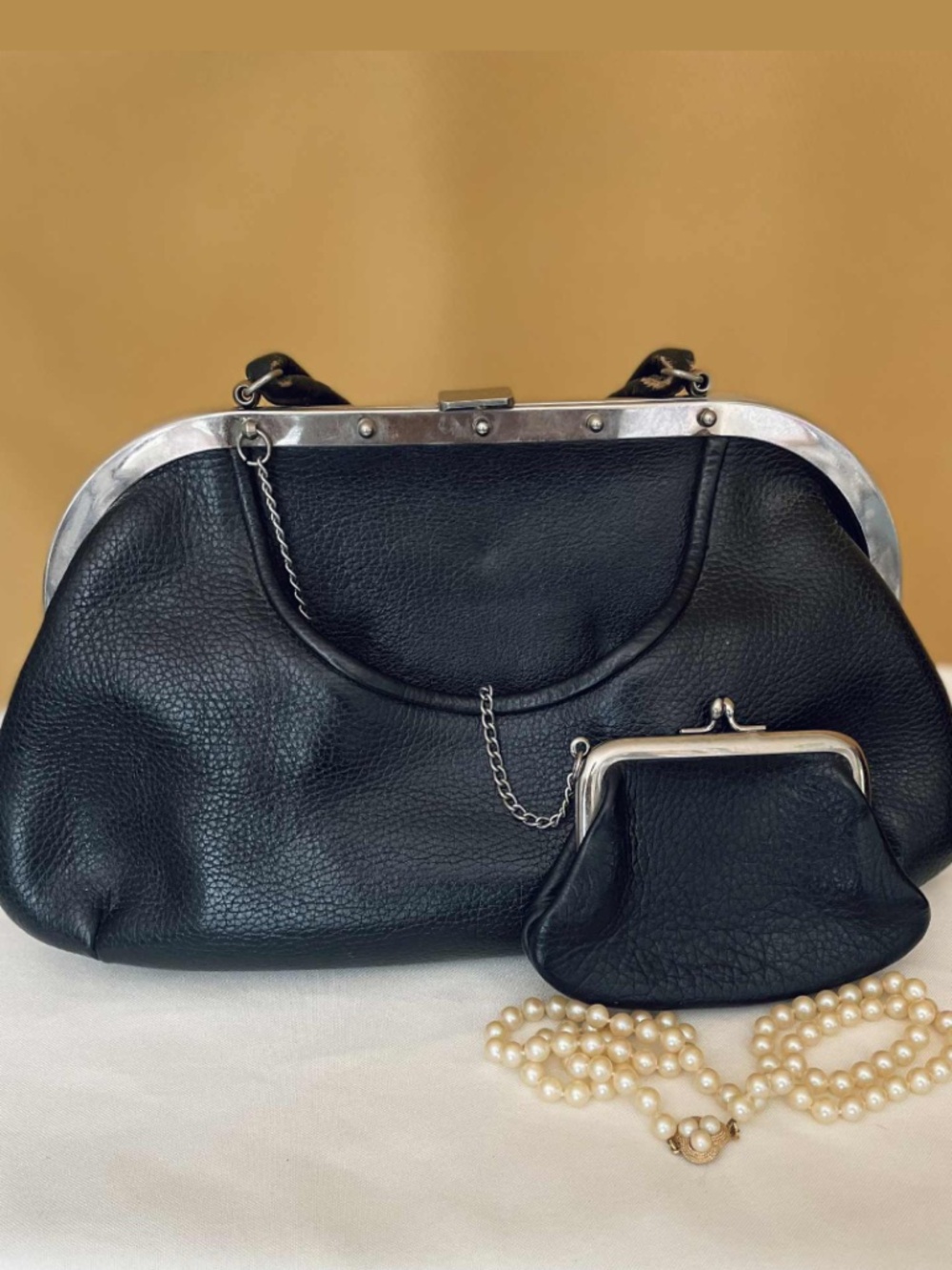 Vintage Saber Black Leather Doctor Bag Purse Silver Frame with Matching Coin